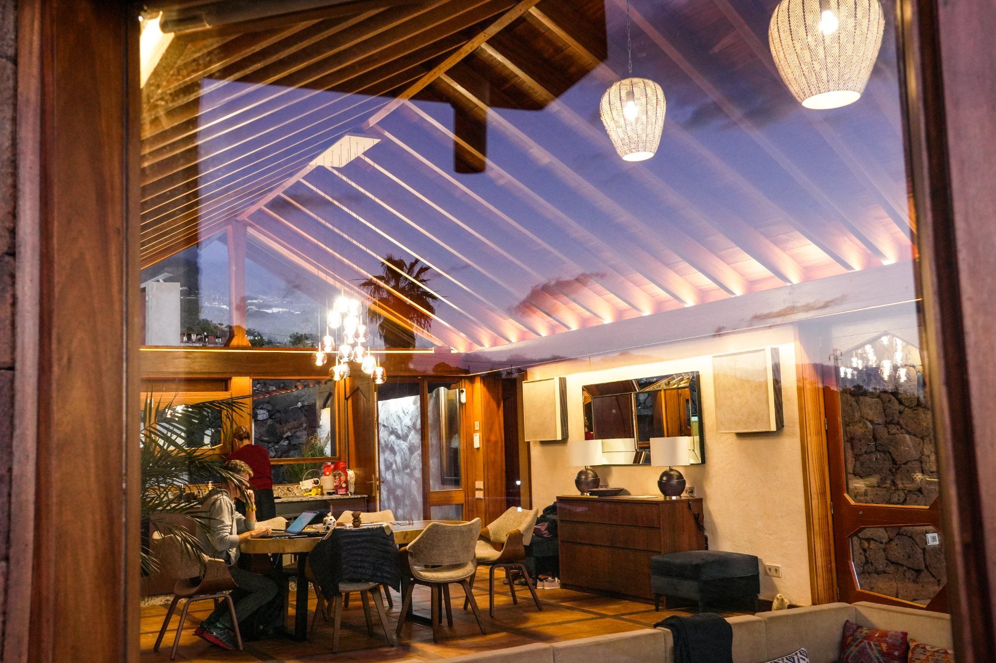Warm villa interior at golden hour